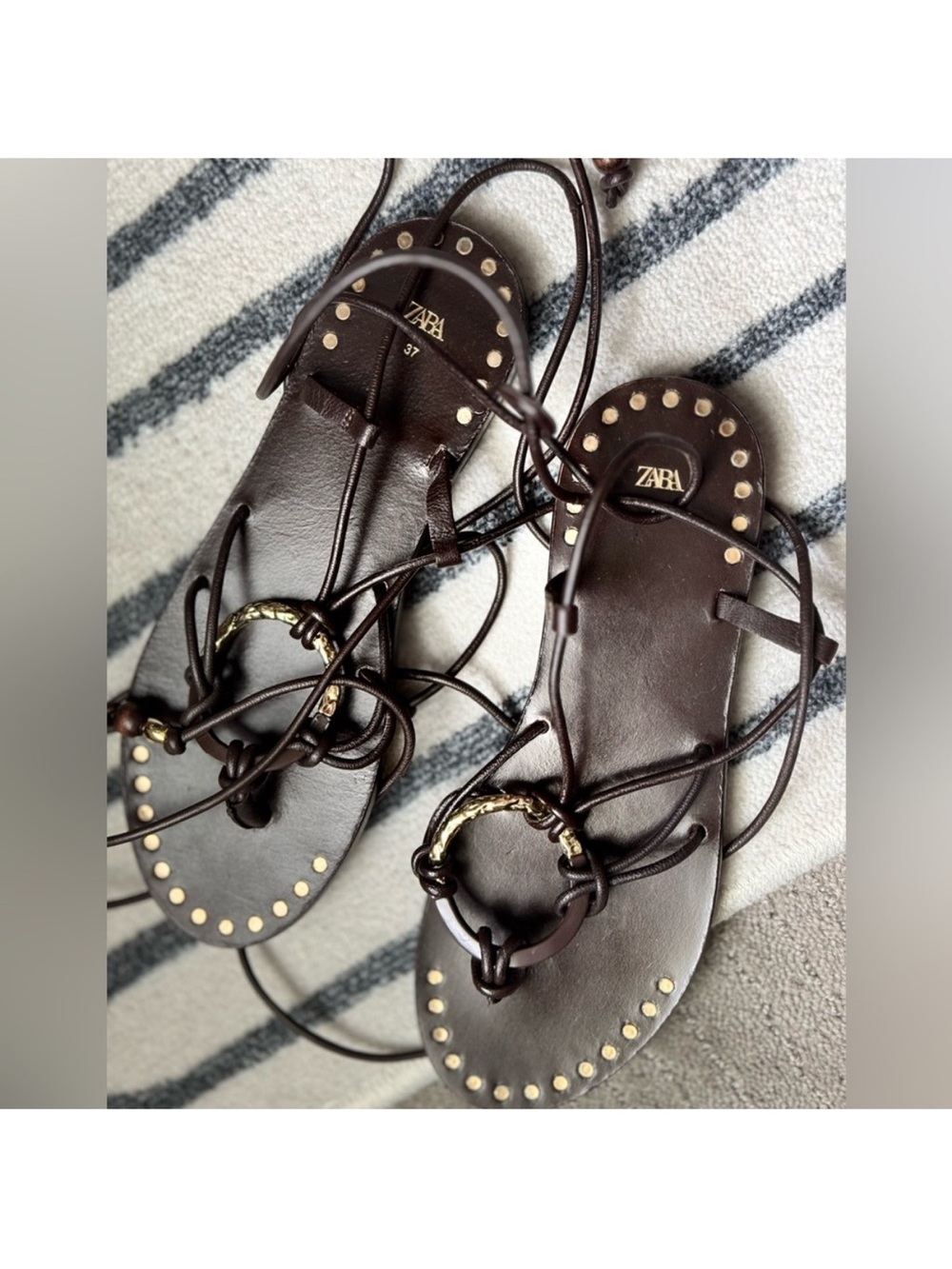 Zara Dark Brown Leather Lace-Up Sandals with Gold Studs